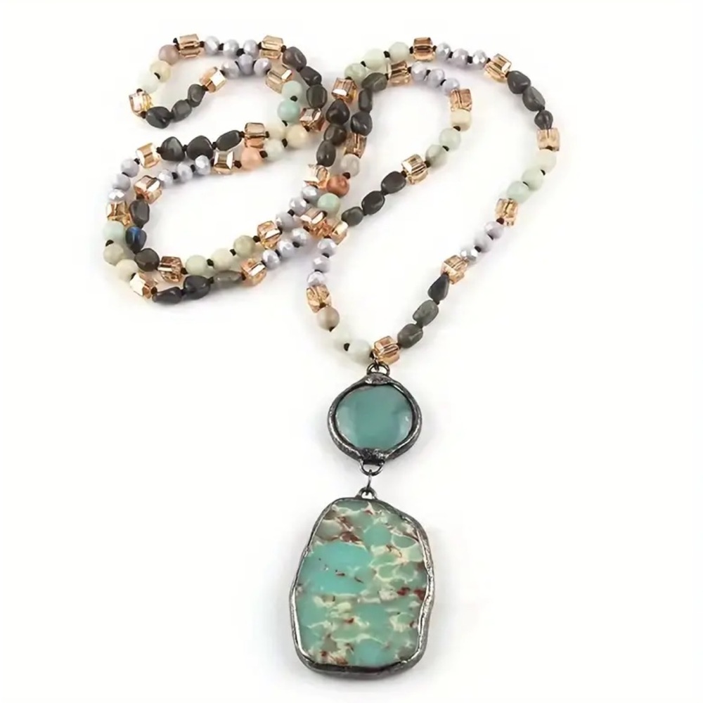 Gray Boho Stone Glass Knot Pendant Necklace -